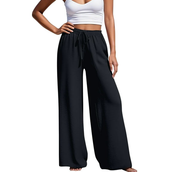 Hpapadks Women's Pants Summer Solid Elasticized High Waist Flowy Palazzo Pant with Drawstring Slacks for Women Black M
