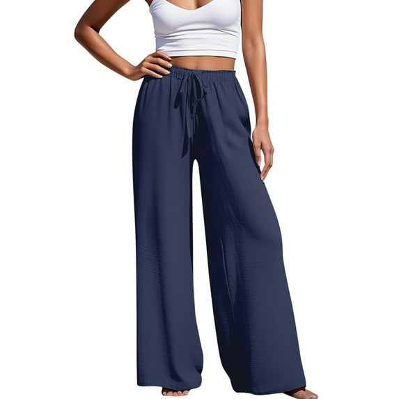 Hpapadks Women's Pants Summer Solid Elasticized High Waist Flowy Palazzo Pant with Drawstring Womens Slacks BU2 L