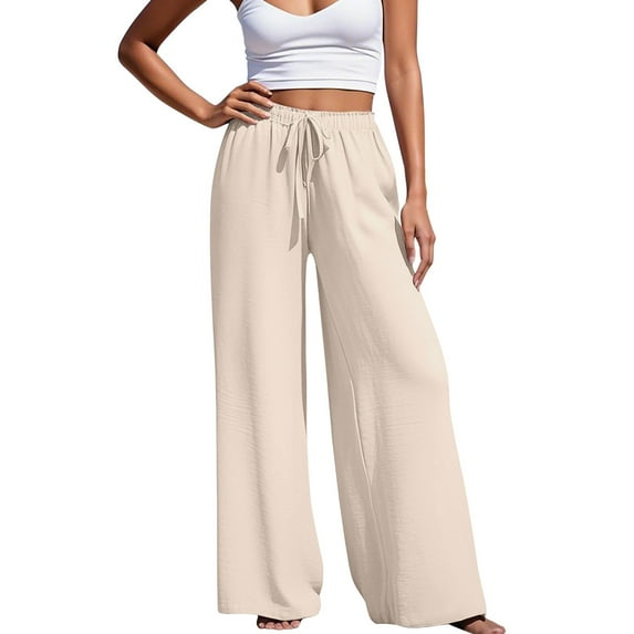 Hpapadks Women's Pants Summer Solid Elasticized High Waist Flowy Palazzo Pant with Drawstring Womens Slacks Beige L