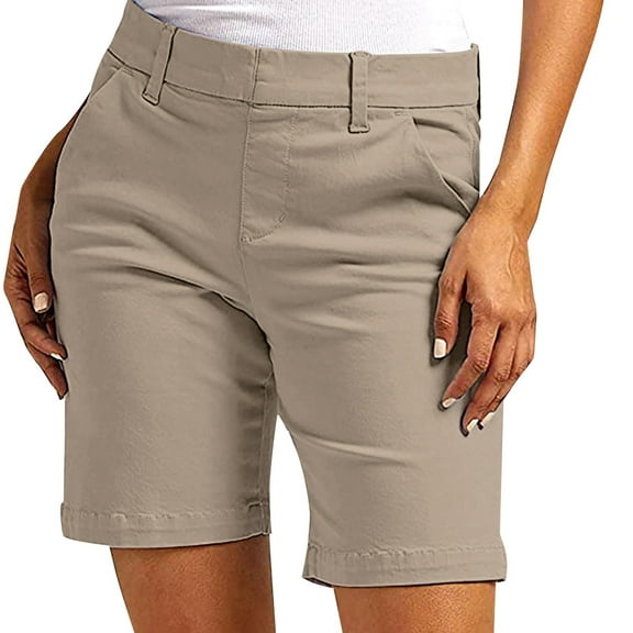Hpapadks Women's Pants Summer Thin Comfy Work High Waist Solid Stretchy Shorts with Pockets Womens Slacks Khaki L