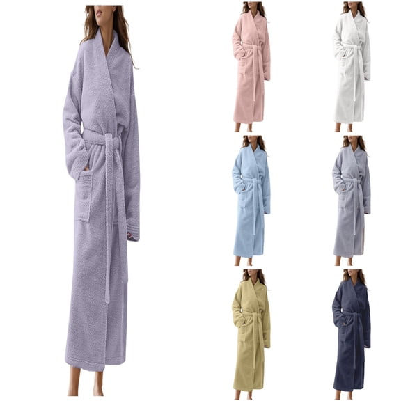 Hpapadks Women's Robes Ladies Autumn Winter Rice Velvet Padded Robe Lengthened Bathrobe Women Nightgown Light Purple XL