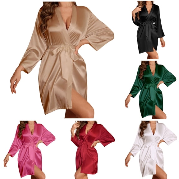 Hpapadks Women's Robes Long Sleeve French Elegant Sleepwear Silk Satin Thin Robe Loungewear Pajama Set Nightgowns for Women Khaki XL