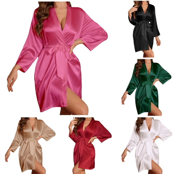 Hpapadks Women's Robes Long Sleeve French Elegant Sleepwear Silk Satin Thin Robe Loungewear Pajama Set Womens Nightgown Hot Pink XL