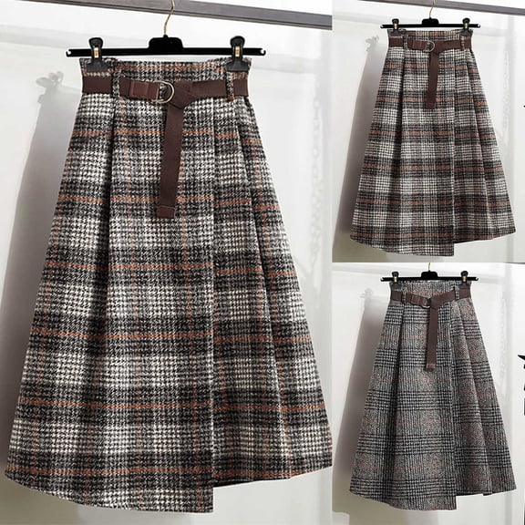 Hpapadks Women's Skirts Asymmetrical Hemline Mid Length High Waist Flared A Line Plaid Skirt Grey L