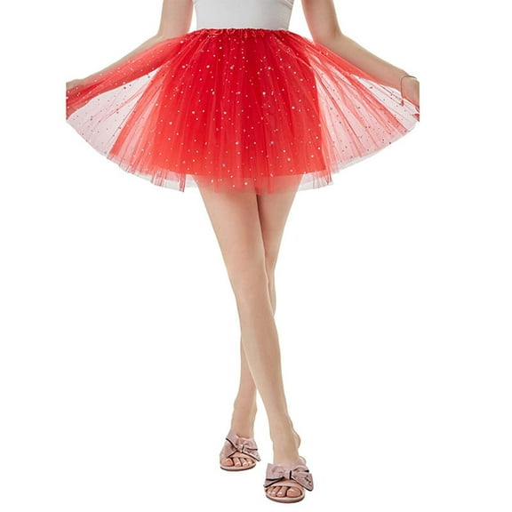 Hpapadks Women's Skirts Carnival Festival Sparkly A Line Party Puffy Tulle Tutu Skirt with Inner Red One Size