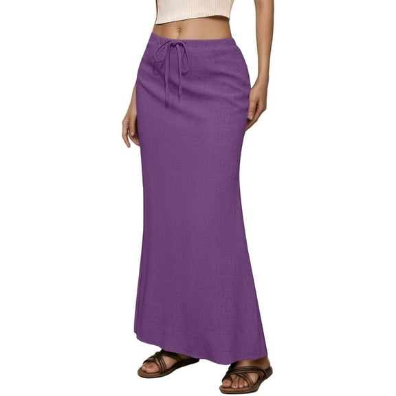 Hpapadks Women's Skirts Casual High Waist Drawstring Elastic Waist Basic Solid Midi Skirt with Back Slit Purple XL
