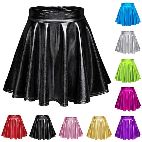 Hpapadks Women's Skirts Casual Solid Shiny Metallic Flared Pleated A-Line Mini Skirt Black L