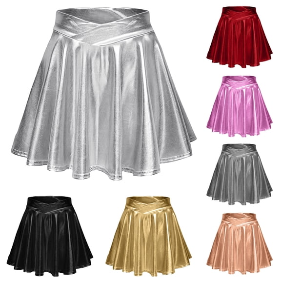 Hpapadks Women's Skirts High Waist Solid Loose Metallic Sparkly Shiny Flared Pleated A Line Mini Skater Skirt Black L