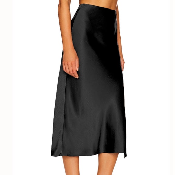 Hpapadks Women's Skirts Satin Elastic High Waist Solid Color Slit Midi Skirt Black M