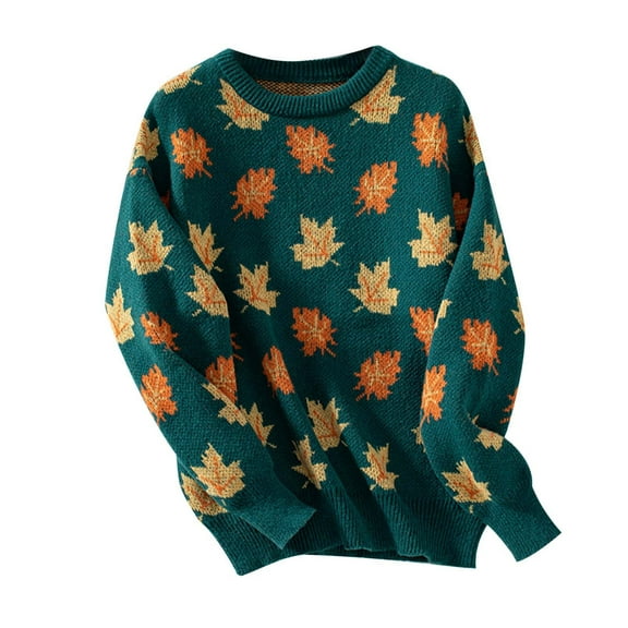 Hpapadks Women's Sweaters Crewneck Maple Leaf Pattern Long Sleeve Fall Winter Casual Pullover Knitted Sweaters Womens Sweater Dark Green XL