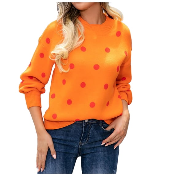 Hpapadks Women's Sweaters Winter Long Sleeved Casual Polka Dot Pullover Knitted Sweaters Cable Knit Sweater Women Orange L