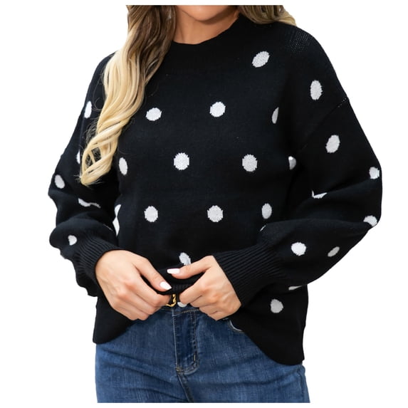 Hpapadks Women's Sweaters Winter Long Sleeved Casual Polka Dot Pullover Knitted Sweaters Womens Sweater Black L
