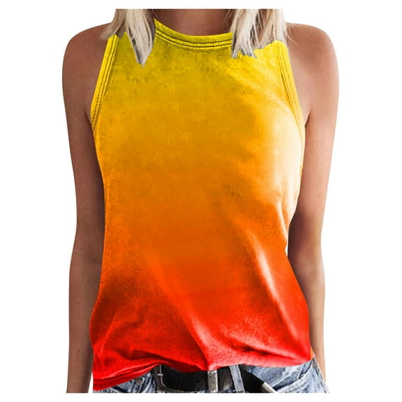 Hpapadks Women's Tank Tops Crewneck Sleeveless Gradient Print Tanks Casual Loose Fit Basic Vest Camisole Tops for Women Orange M