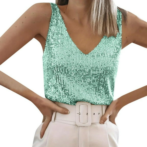 Hpapadks Women's Tank Tops Sequin V Neck Tanks Glittering Evening Party Wear with Straps Camisole Tops for Women Green L