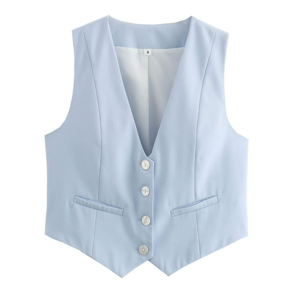 Hpapadks Womens Blazer Sleeveless Solid Dressy V Neck Button Down Cropped Suit Vest Light Blue M