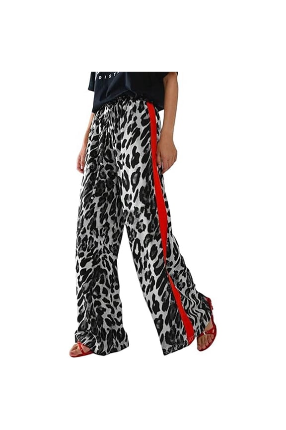 Womens Casual Pants Summer Leopard Print Side Stripes Straight Leg Pant with Drawstring Womens Slacks Black M