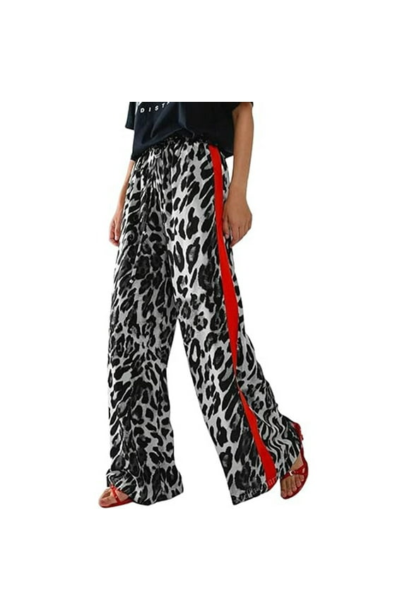 Womens Casual Pants Summer Leopard Print Side Stripes Straight Leg Pant with Drawstring Womens Slacks Black XXL