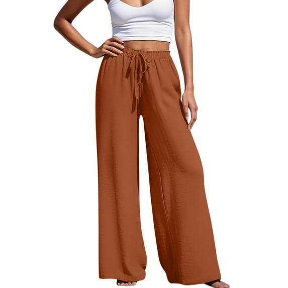 Hpapadks Womens Casual Pants Summer Solid Elasticized High Waist Flowy Palazzo Pant with Drawstring Slacks for Women Brown L