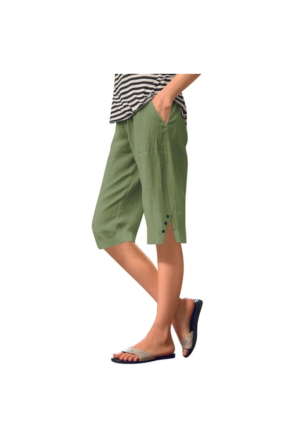 Womens Casual Pants Summer Solid Loose Side Slit Knee Length Shorts with Pockets Womens Slacks Army Green L