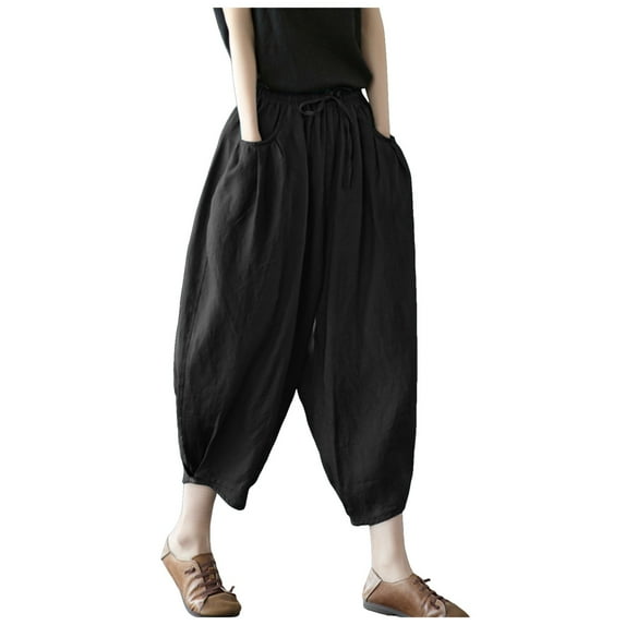 Hpapadks Womens Casual Pants Waist Elastic Band Balloon Linen Loose Casual Summer Pant Womens Slacks Black L