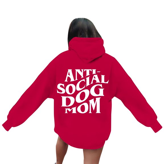 Hpapadks Womens Hoodie Funny Social Dog Mom Print Long Sleeve Loose Hooded Top for Dog Lovers Sweatshirt for Women Red XL