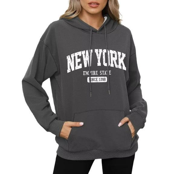 Hpapadks Womens Hoodie Oversized City Print Long Sleeve Drawstring Large Pocket Hooded Sweatshirts for Women Dark Gray L