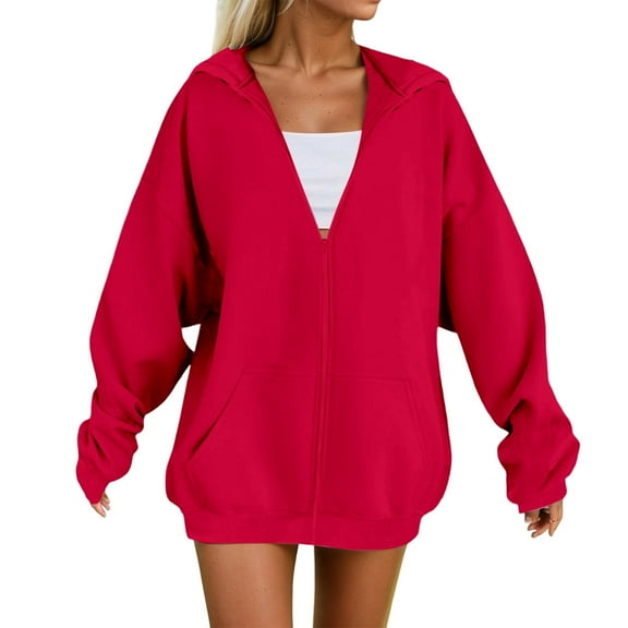 Hpapadks Womens Hoodie Oversized Soft Zip Up Long Sleeve Solid Loose Fit Warm Hooded Sweatshirt for Women Red S
