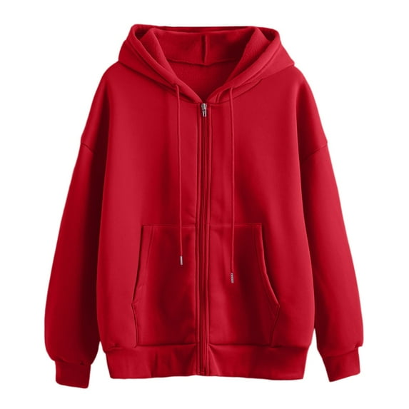 Hpapadks Womens Hoodie Solid Long Sleeve Versatile Zipper Cardigan Casual Loose Hooded Women's Sweatshirt Red L