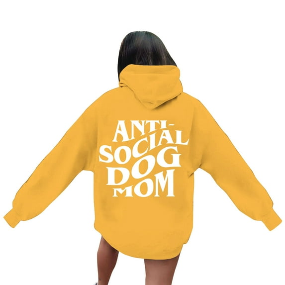 Hpapadks Womens Hoodies Funny Social Dog Mom Print Long Sleeve Loose Hooded Top for Dog Lovers Sweatshirt for Women Yellow XL