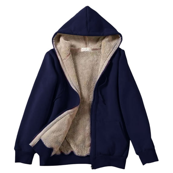 Hpapadks Womens Hoodies Long Sleeve Solid Zipper Warmed Plush Drawstring Hooded Coat Women's Sweatshirt Navy S