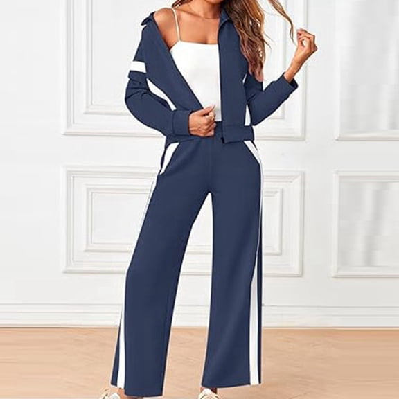 Hpapadks Womens Lounge Sets Sportswear 2 Piece Outfits Long Sleeve Color Block Zipper Sweatshirt Wide Leg Pant Suit Womens Tracksuit Set