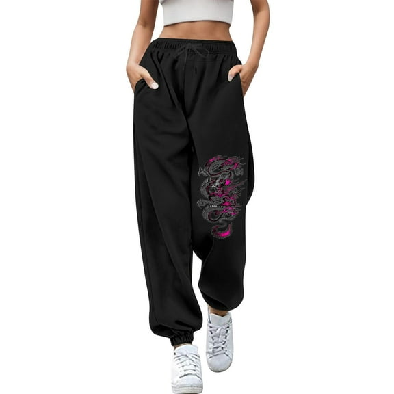 Hpapadks Womens Pants Elasticized High Waist Wide Leg Dragon Print Sweatpants with Drawstring Womens Slacks Hot Pink M