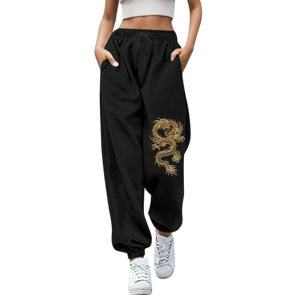 Hpapadks Womens Pants Elasticized High Waist Wide Leg Dragon Print Sweatpants with Drawstring Womens Slacks Yellow L