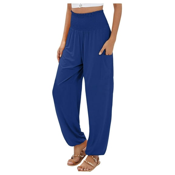 Hpapadks Womens Pants Elasticized High Waist Wide Leg Solid Harem Yoga Pant Womens Slacks Blue S