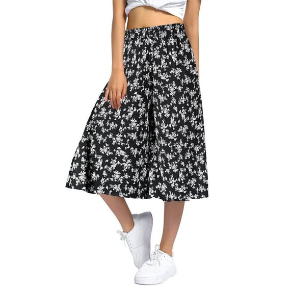 Hpapadks Womens Pants Printed Elastic Waist Wide Leg High Waisted Knee Length Culottes Womens Slacks Dark Gray XL