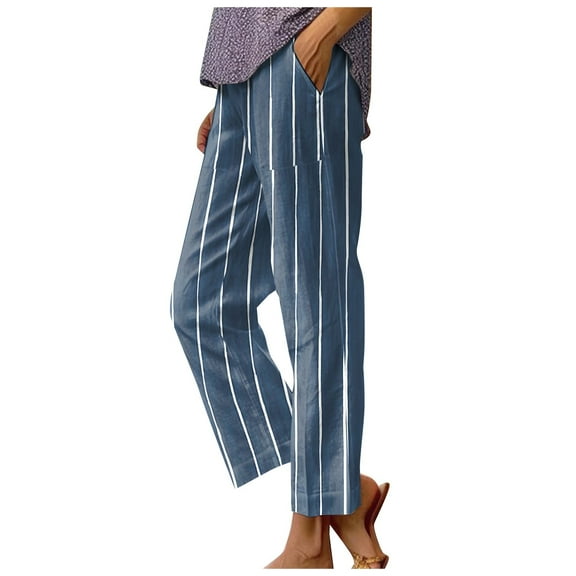 Hpapadks Womens Pants Solid Color Straight Leg Stretch Striped Pant with Pocket Slacks for Women Blue L