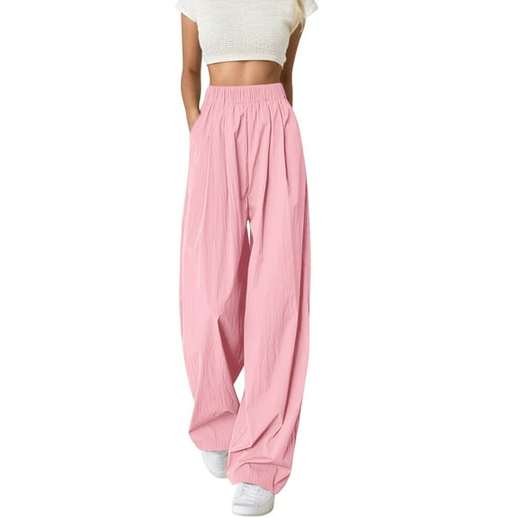 Hpapadks Womens Pants Solid High Waisted Loose Fit Wide Leg Elastic Waist Flowy Pant Womens Slacks Pink XL