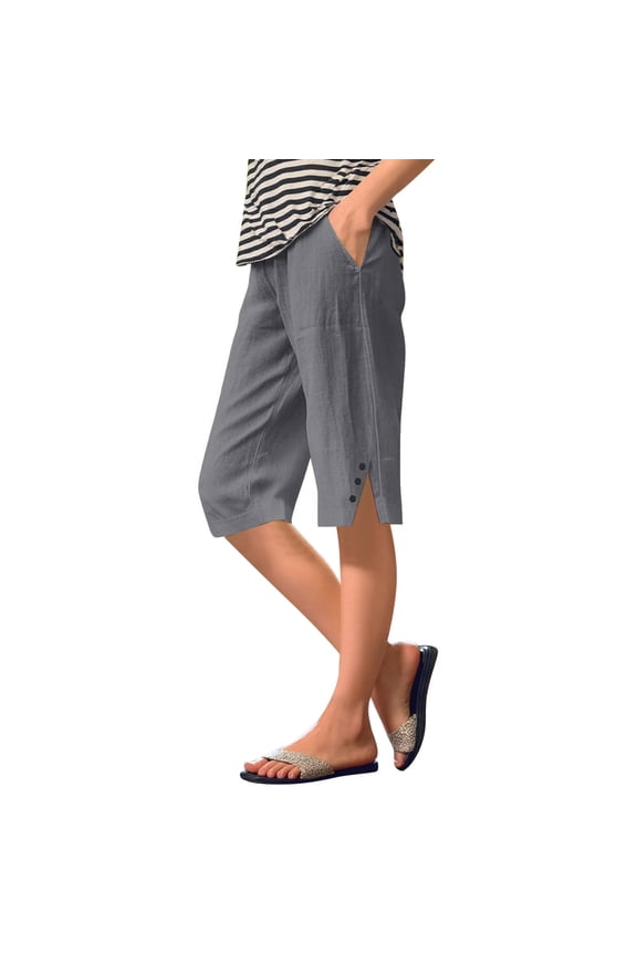 Womens Pants Summer Solid Loose Side Slit Knee Length Shorts with Pockets Womens Slacks Grey L