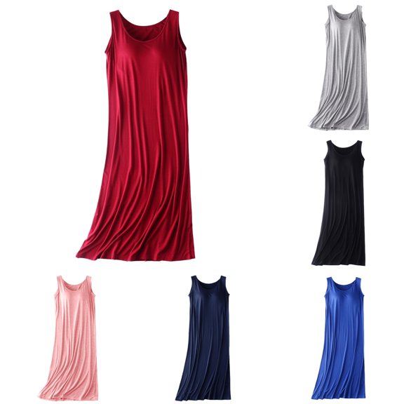 Hpapadks Womens Robe Summer Lightweight Sleeveless Tank Dress Casual Loose Chest Pad Mid Length Summer Suspender Pajamas Bottoming Dress Womens Nightgown Red XL