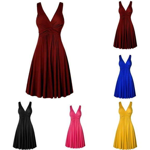 Hpapadks Womens Robes V Neck Retro Sling Pleated Slim Flare Skirt Dresse Womens Nightgowns Red S
