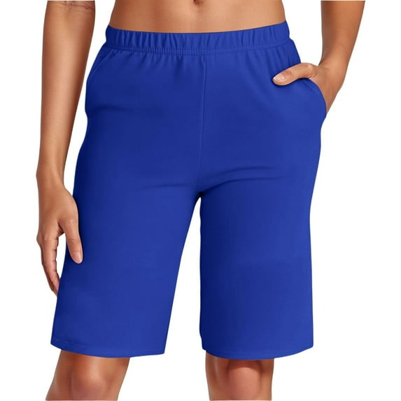 Hpapadks Womens Running Shorts Stretch Waist Elastic Waistband Pockets Basic Solid Color Women's Shorts Blue L