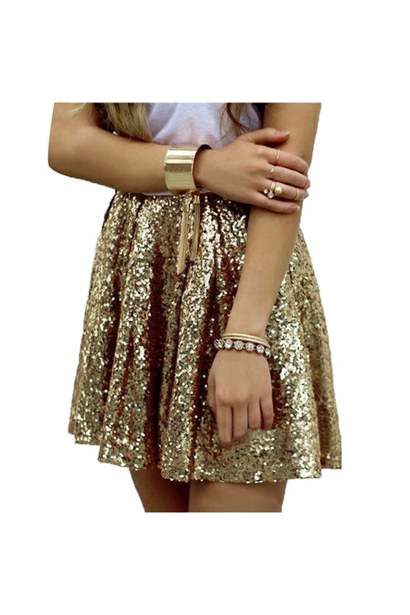 Womens Skirt High Waist Pleated Solid Color Short Loose Sequin Skirt Gold XXL