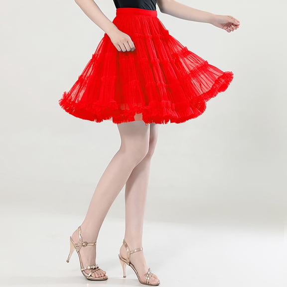 Hpapadks Womens Skirt Holiday Ballet Dance Party High Waist Ruffles Tulle Half Tutu Skirt Red One Size