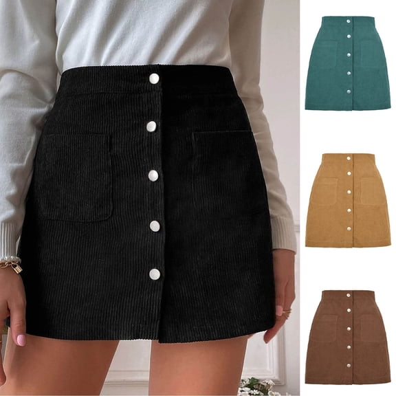 Hpapadks Womens Skirt Solid High Waist Fall Winter Corduroy Single Breasted Slim Fit Solid Wrap Skirt Black L