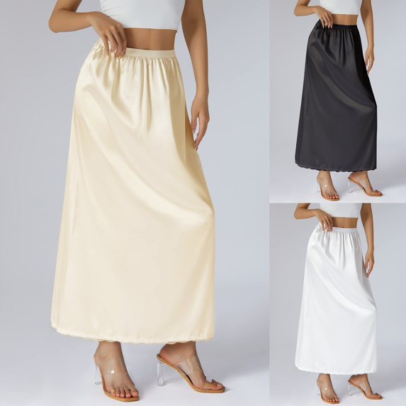 Hpapadks Womens Skirts Soft Satin Half Slip Lace Long Underskirt Solid Under Dresses Beige L