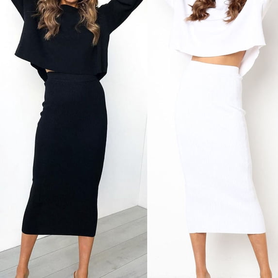 Hpapadks Womens Skirts Solid High Waist Slim Straight Mid Length Bodycon Skirt Black L