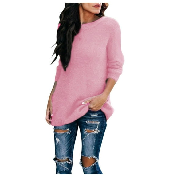 Hpapadks Womens Sweaters Round Neck Long Sleeve Comfortable Solid Color Knit Sweaters Top Cable Knit Sweater Women Pink XXXL