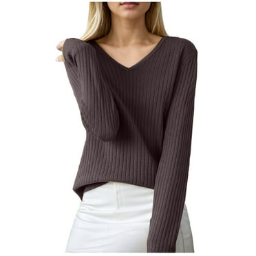 Hpapadks Womens Sweaters V Neck Ribbed Knit Pullover Sweaters Fall Long Sleeve Solid Soft Classic Tunic Tops Cable Knit Sweater Women Coffee M