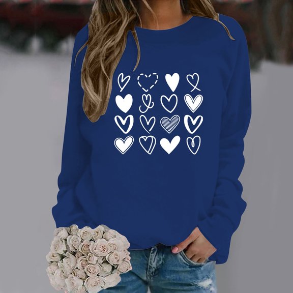 Hpapadks Womens Sweatshirt Casual Valentine's Day Heart Graphic Printed Hoodless Hoodie Top Crew Neck Sweatshirts Women