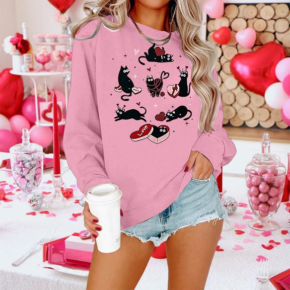 Hpapadks Womens Sweatshirts Cute Cat Printed Round Neck Street Long Sleeve Pullover Tops Womens Sweatshirts No Hood